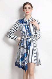 Striped Print Long Sleeve Dress, Silk Scarf Splicing Lace-up and High Quality Belt