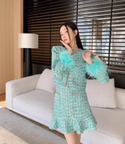 Shiny Diamonds Sequins Elegant Slim Fit Office Ladies Tweed Short Jacket High Waist A-Line Skirts Women Fashion Two Piece Set