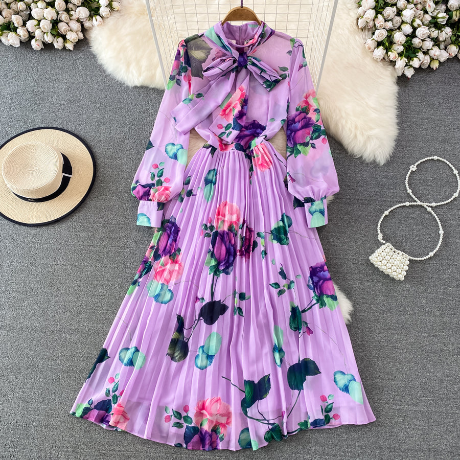 High Quality Floral Print Maxi Long Sleeve Pleated Dress