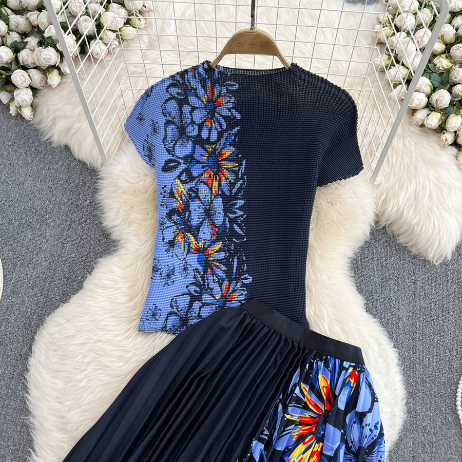 Two Piece Set Floral Print Pleated Elastic Raglan Sleeve T-shirt Top + Long Skirt High Quality