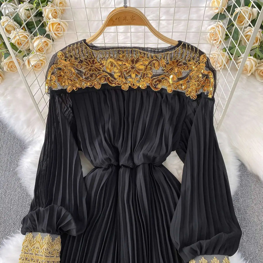Floor Length Formal Evening Luxury Dress Women Summer Autumn See Through Crochet Crystal Beaded Long Sleeve Maxi Chiffon Dresses