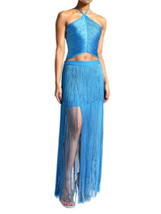 Two Piece Set Blue Halter Backless Crop Top + High Quality Fringe Bodycon Skirt