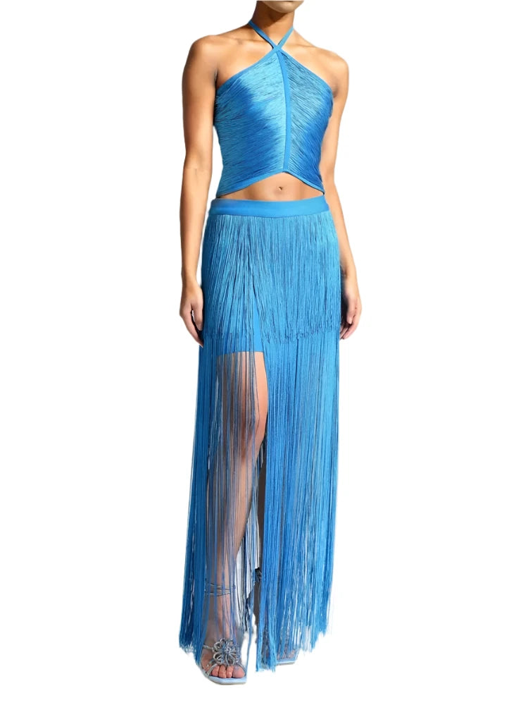 Two Piece Set Blue Halter Backless Crop Top + High Quality Fringe Bodycon Skirt