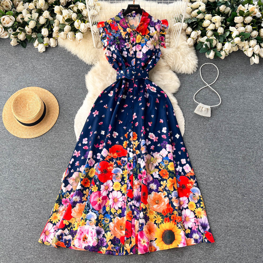 High quality belted ruffle sleeveless flower print dress