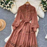 Elegant retro style slit maxi dress with pearl buttons and high-quality crochet embroidery