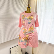 Fashion Butterfly Floral Beading Women's Set T-shirt and Shorts  Summer Active Two 2 Piece Sets Outfit Tracksuit