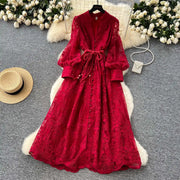 Luxury Embroidery Formal Dresses Women Summer Autumn Lantern Long Sleeve Lace Vestidos Pearl Prom Evening Birthday Dress Party