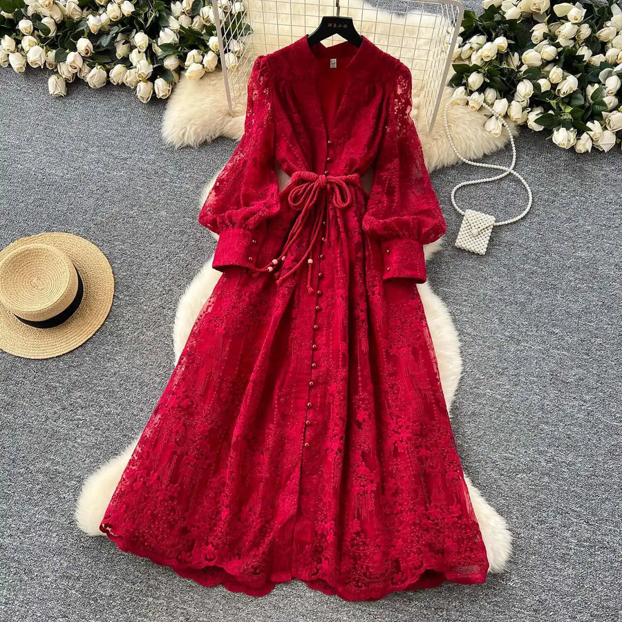 Luxury Embroidery Formal Dresses Women Summer Autumn Lantern Long Sleeve Lace Vestidos Pearl Prom Evening Birthday Dress Party