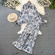 Elegant two-piece set pleated summer chiffon shirt + high-quality floral print pleated wide-leg pants