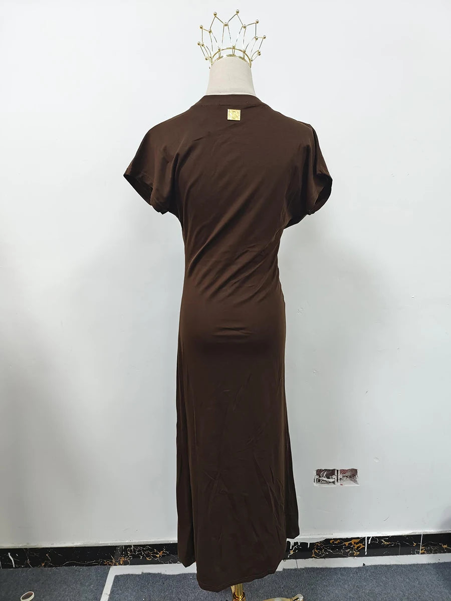 French retro round neck, short sleeve, high waist, straight dress with high-quality spliced metal pins