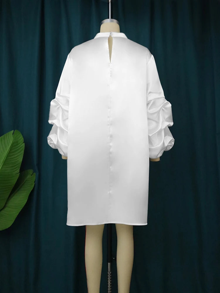 High quality elegant high neck long puff sleeves loose white dress