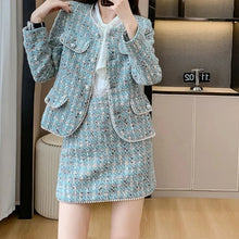 Autumn Winter High Quality New Blue Tweed Two-Piece Set Women Beaded Short Jacket + Mini Skirt Elegant Temperament Chic Suits