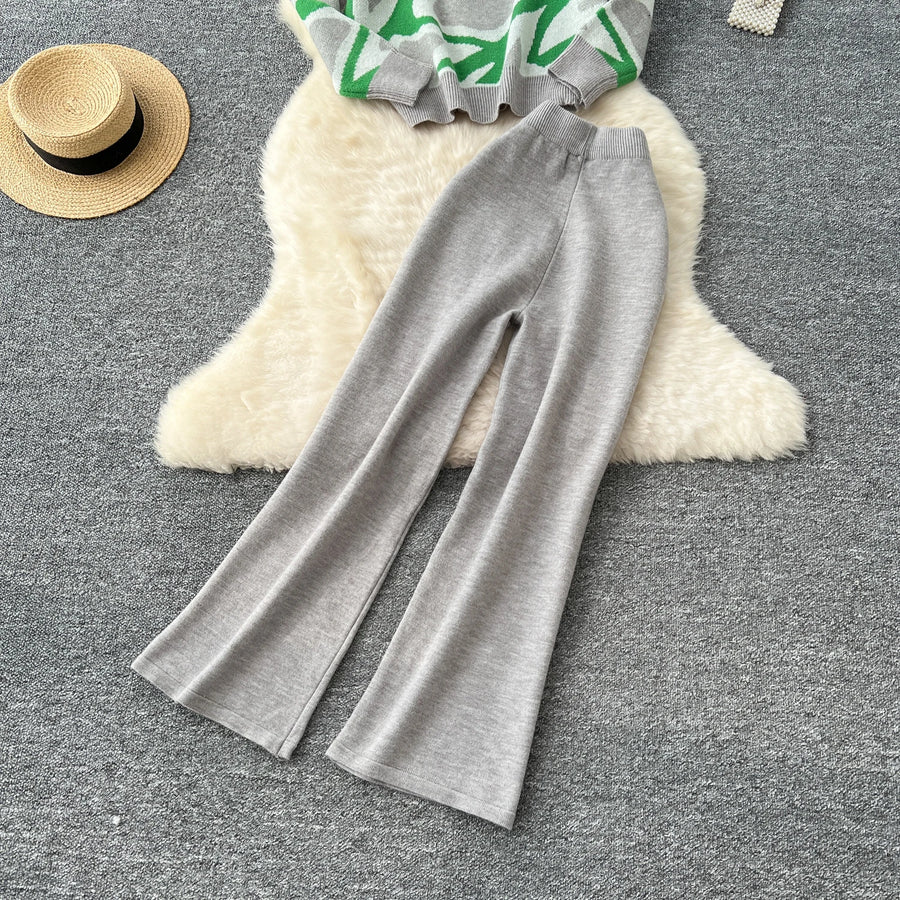 Casual Knitted Sets Ladies O Neck Loose Multicolor Tops+Basic Long Pants American Style High Quality Sweater Suits