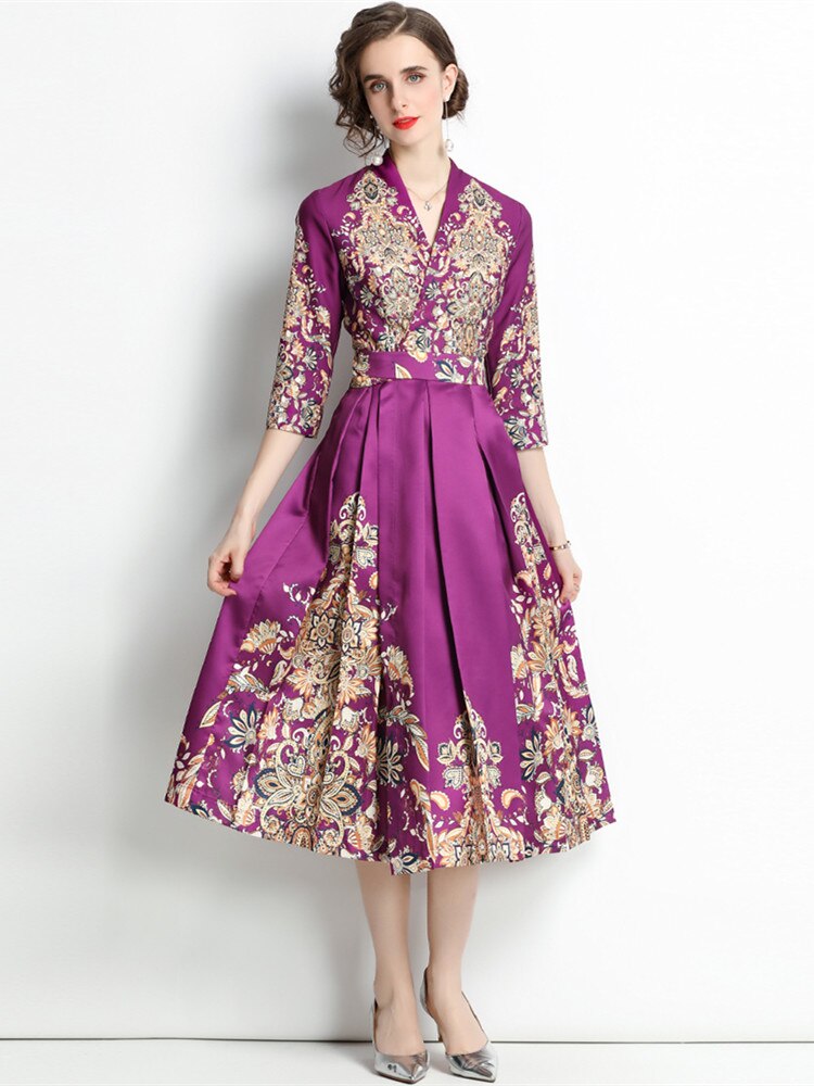 High Quality Three Quarter Sleeve V Neck Long Sleeve Flower Print Satin Dress