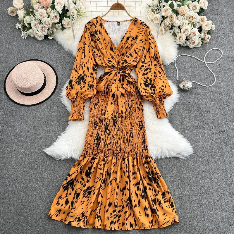 Retro Sweet V Neck Slim Lace -up Print Autumn Summer Elegant Elastic Dress A-line Long Sleeve Vacation Women Mermaid Dresses