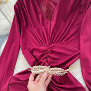 Elegant Pleated Vintage V-neck Chic Long Sleeve Slim Split Dress Korean Fashion Evening Party High Street Autumn Winter Clothing