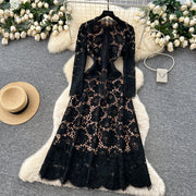 Chic vintage Hook flower hollow lace long sleeve Elegant Fairy korean fashion autumn Party women clothing