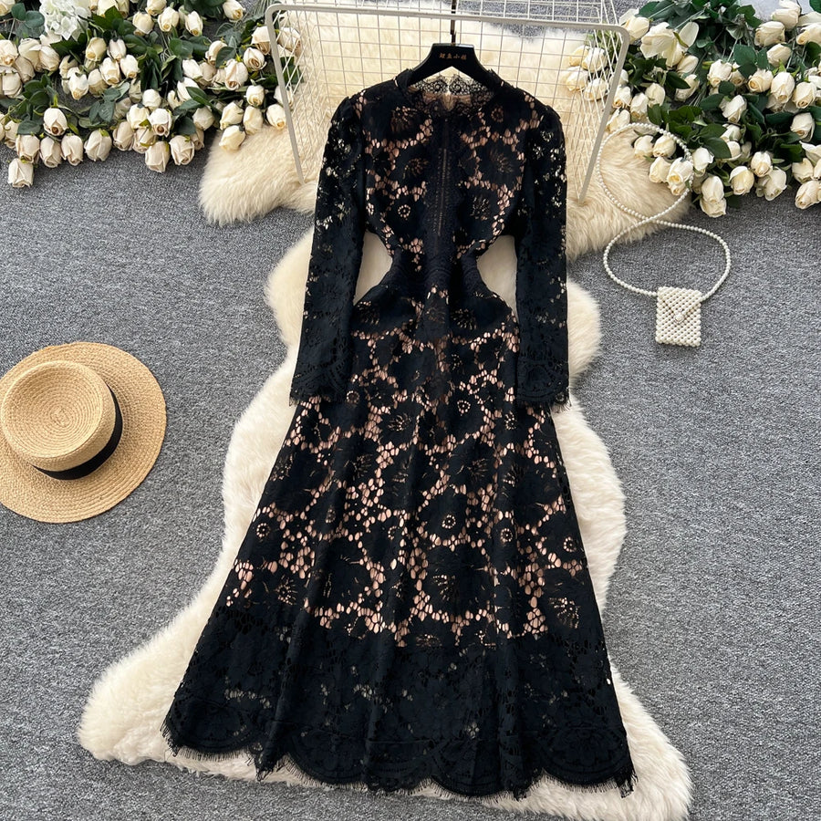 Chic vintage Hook flower hollow lace long sleeve Elegant Fairy korean fashion autumn Party women clothing