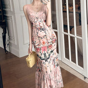 Summer Fashion Pink Floral Print Vacation Evening Dress Women Clothes Elegant Sexy Tank V-Neck Slim Long Robe Party Prom Vestido