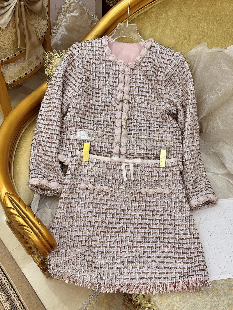 Autumn Winter Office Women Mixed Color Fit Sets Golden Silk O Neck Two Piece Set Tweed Jacket Slim Half Skirt Set Elegant Lady