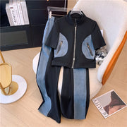 2024 Summer New Stitched Zipper T-shirt top Female Set Elegant Women's Jeans Casual Blouse Two Piece Set Ladies Tracksuits big