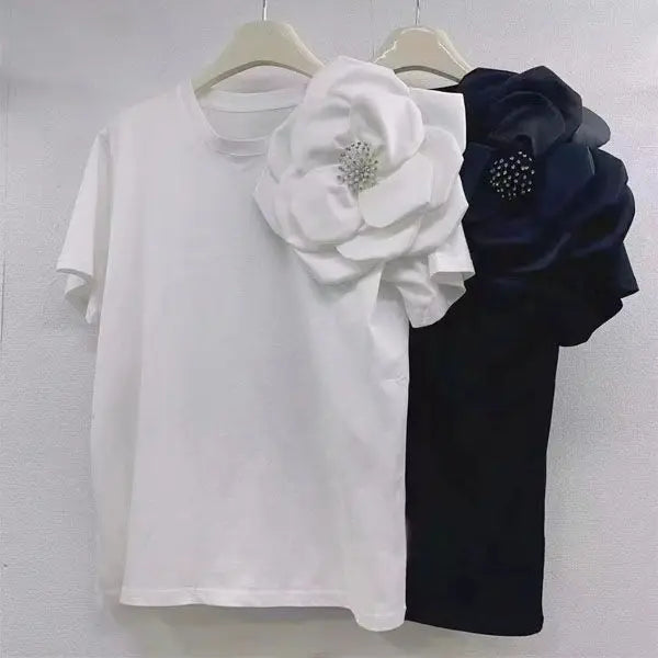 High quality 3D flower beaded short sleeve t-shirt.