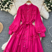 Elegant retro style slit maxi dress with pearl buttons and high-quality crochet embroidery