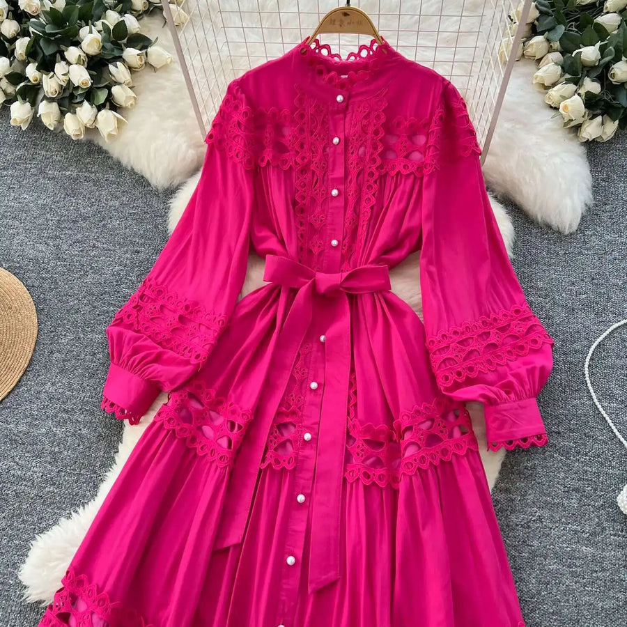 Elegant retro style slit maxi dress with pearl buttons and high-quality crochet embroidery