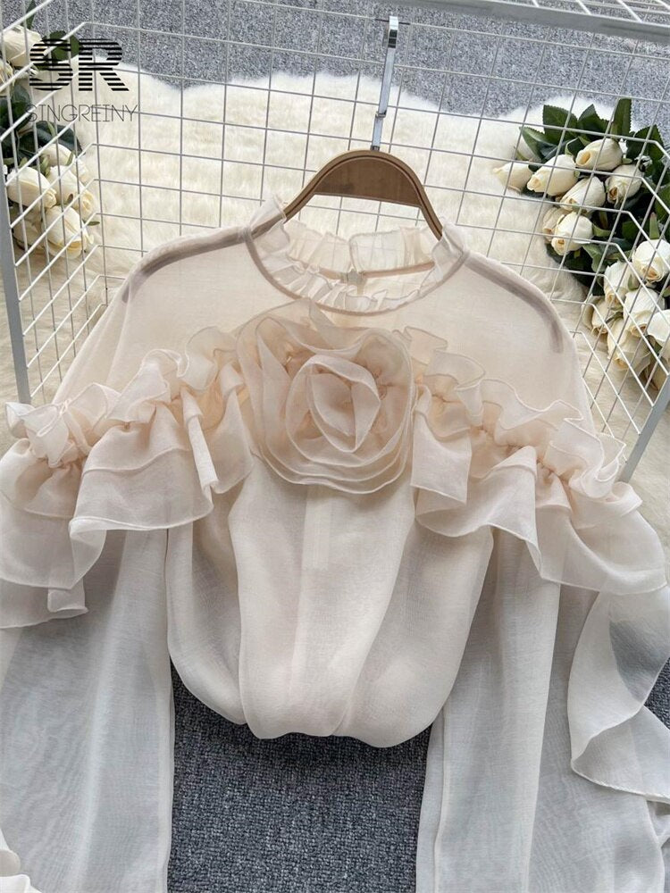 High-quality lantern-sleeved high-neck flared blouse in various colors