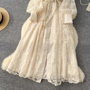 Luxury Embroidery Formal Dresses Women Summer Autumn Lantern Long Sleeve Lace Vestidos Pearl Prom Evening Birthday Dress Party