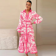 Women Shirt Collar Vintage Floral Print Puff Sleeve Single Breasted Spring Summer Long A Line Cotton Linen Dress