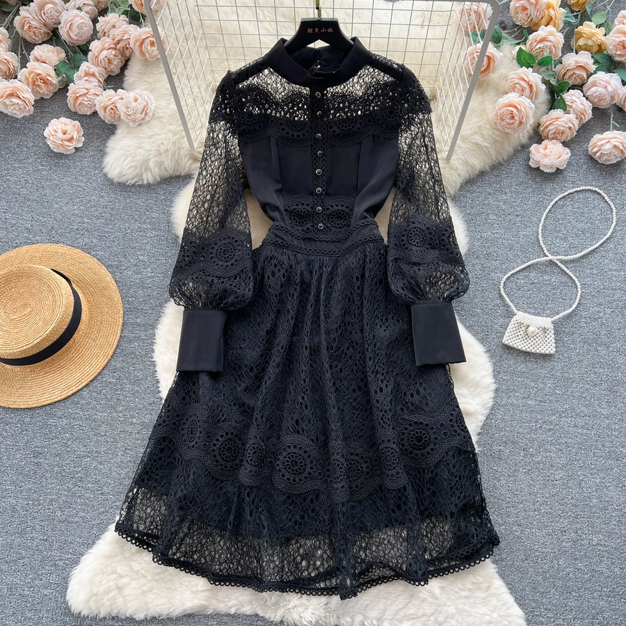 High quality elegant long plain cut French lace dress with flared sleeves