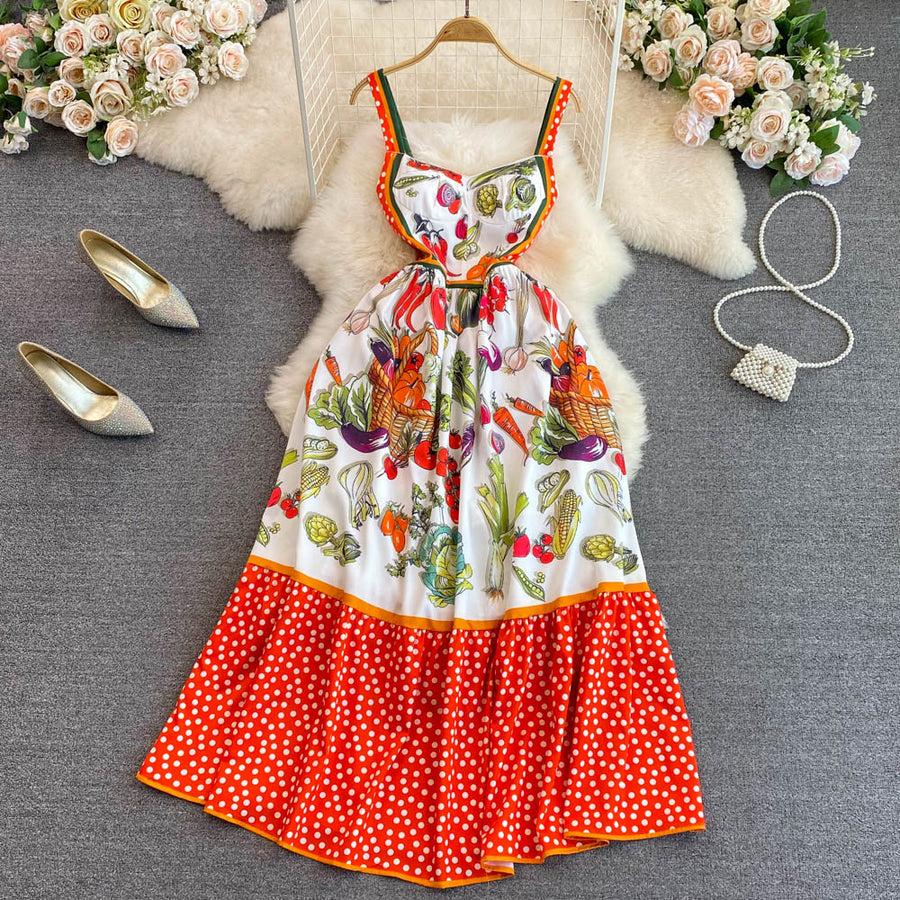 High Quality Vegetable Dot Print Midi V Neck Tank Dress