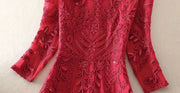 3/4 Sleeve V Neck Flower Embroidery Dress with High Quality Sequins