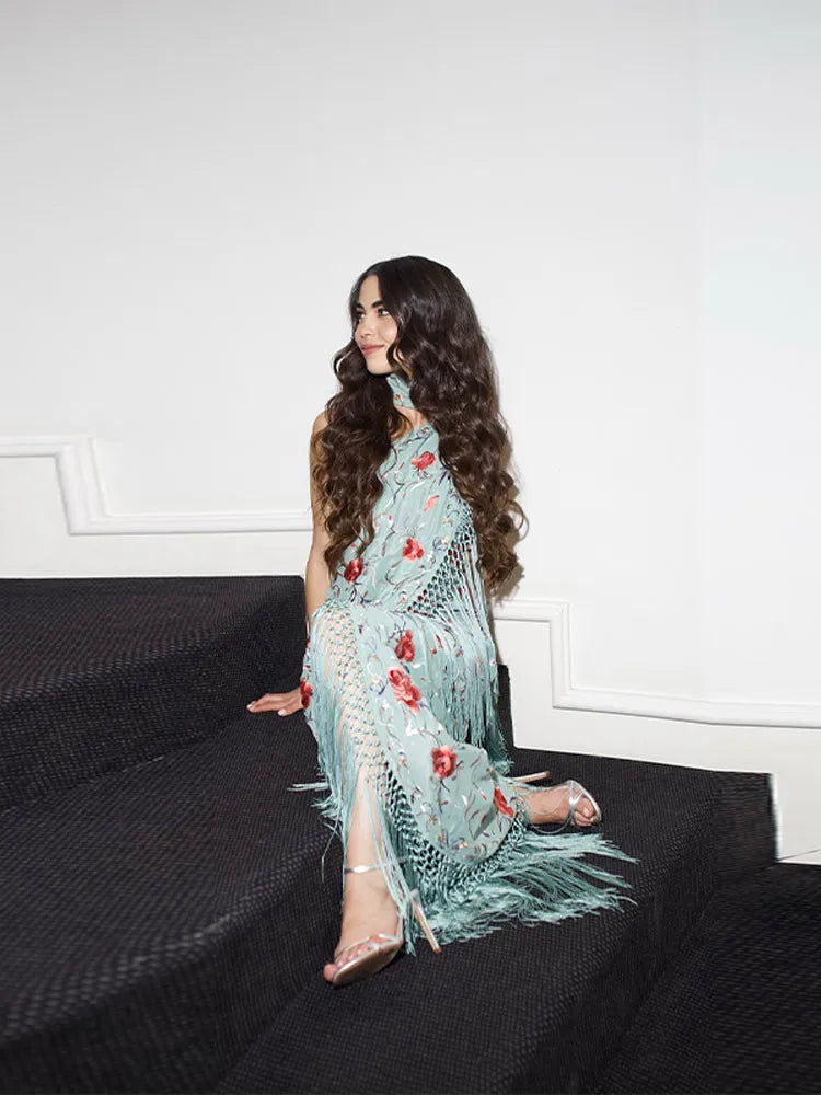 Print Tassels One-piece Long Dress Women Elegant Scarf Collar Sleeveless Backless Slim Party Dresses New Fashion Ladies Vestidos