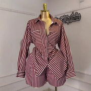 Women Shorts Pant Set Two Piece Sets Jogger Tracksuit Turn Down Collar Full Sleeve Shirt Striped Short Pants High Waist