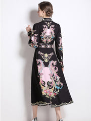 High Quality Flower Print Elegant Belted Long Flare Sleeve Dresses