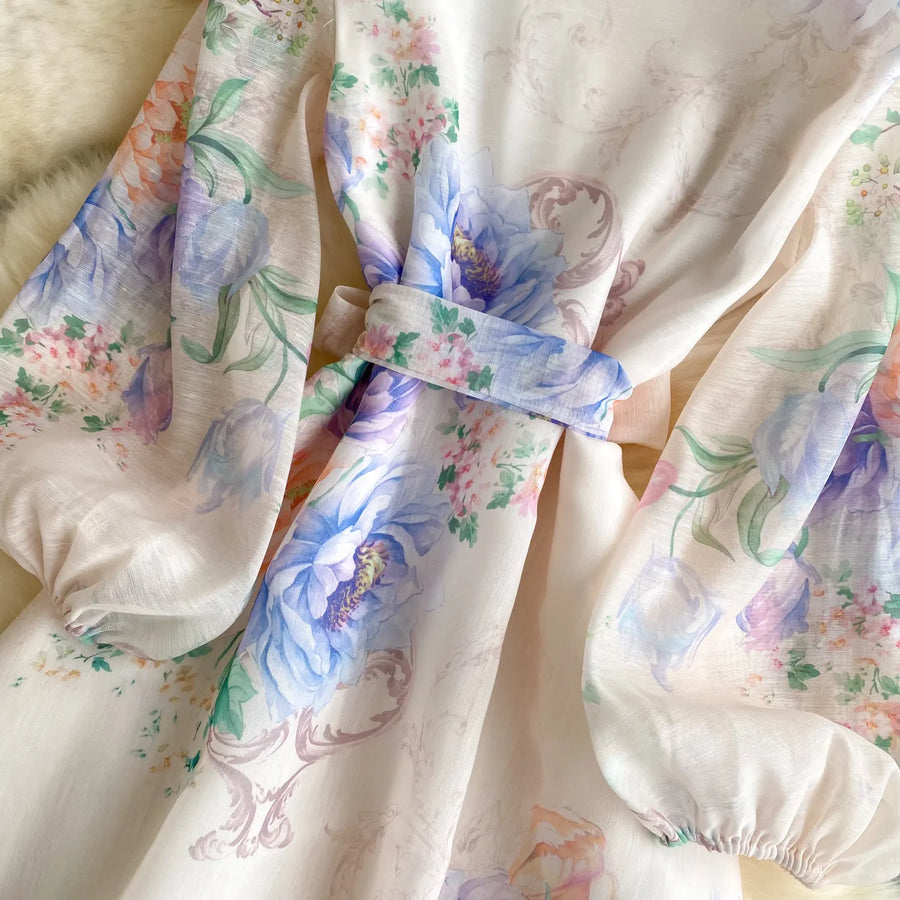 Lace Chiffon Floral Dress Maxi A-line Lantern Sleeve V Neck Spring Women Retro French Fairycore Elegant Vacation Dress