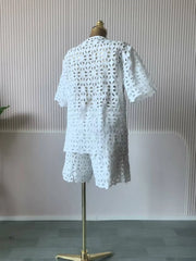 Hollow Out Women's Set Short Sleeve Shirt and Shorts Suit  Summer OL Fashion Two 2 Piece Sets Outfit Tracksuit