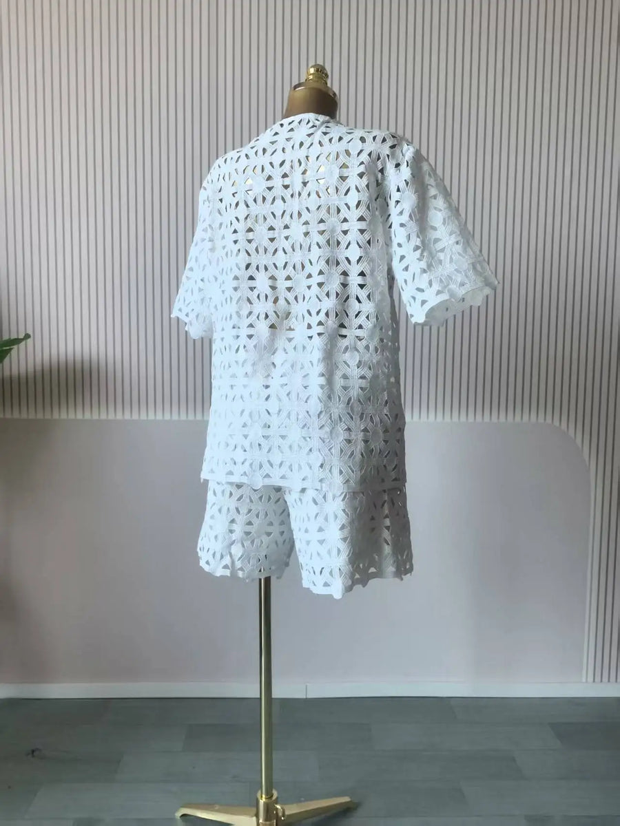 Hollow Out Women's Set Short Sleeve Shirt and Shorts Suit  Summer OL Fashion Two 2 Piece Sets Outfit Tracksuit