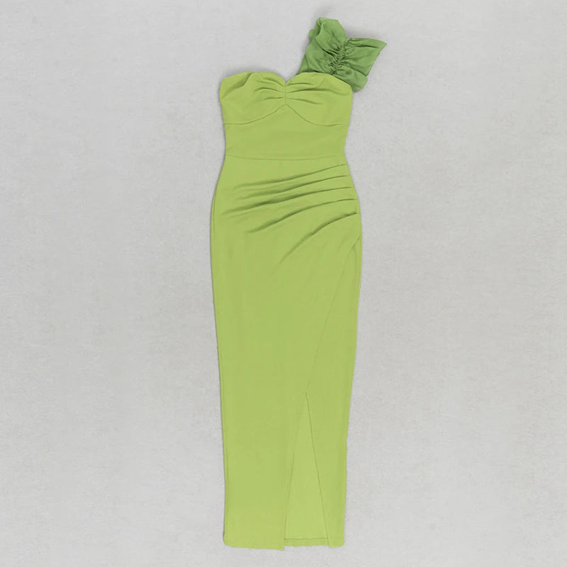 Sexy One Shoulder Lace Mesh Ruffles Fold Sleeveless Backless Bodycon High Quality Dress Green / L Sexy One Shoulder Lace Mesh Ruffles Fold Sleeveless Backless Bodycon High Quality Dress Green / L