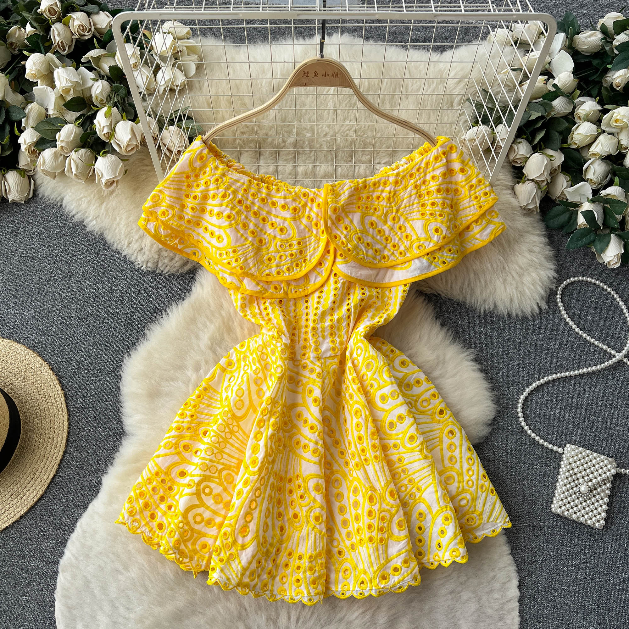 High Quality Double Layers Ruffles Embroidery Off Shoulder Elastic Waist Short Dress