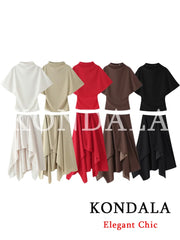 KONDALA Women Trendy Skirt Set Half High Collar Top Asymmetrical Skirt New Fashion 2026 Spring Summer Beach Holiday Skirt Set