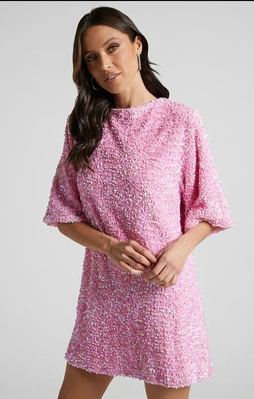 Sequin party dress with round neck and half sleeves provides a classic quality silhouette