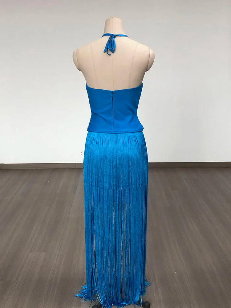 Two Piece Set Blue Halter Backless Crop Top + High Quality Fringe Bodycon Skirt