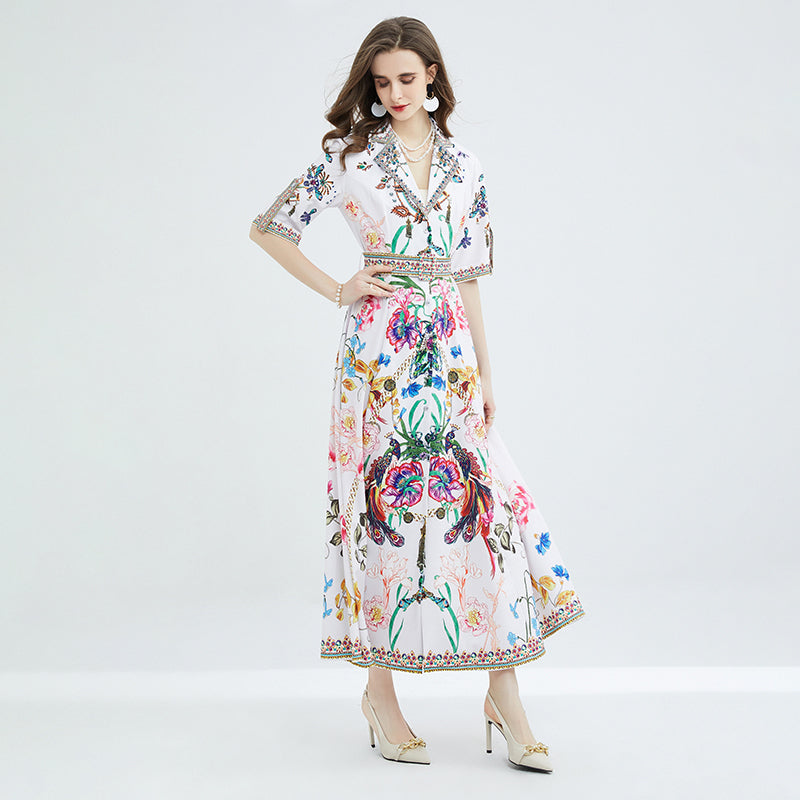 Long short-sleeved dress with flower print and high-quality belt