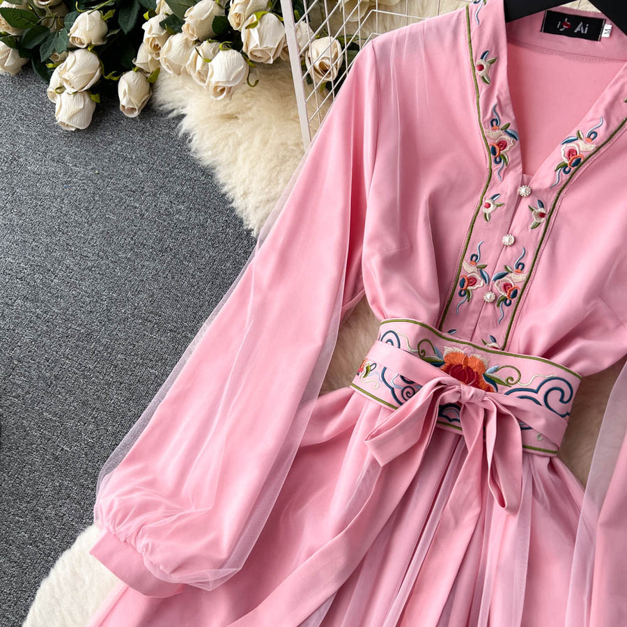 High Quality Pearl Button V Neck Long Sleeve Lace Up Patchwork Mesh Dresses