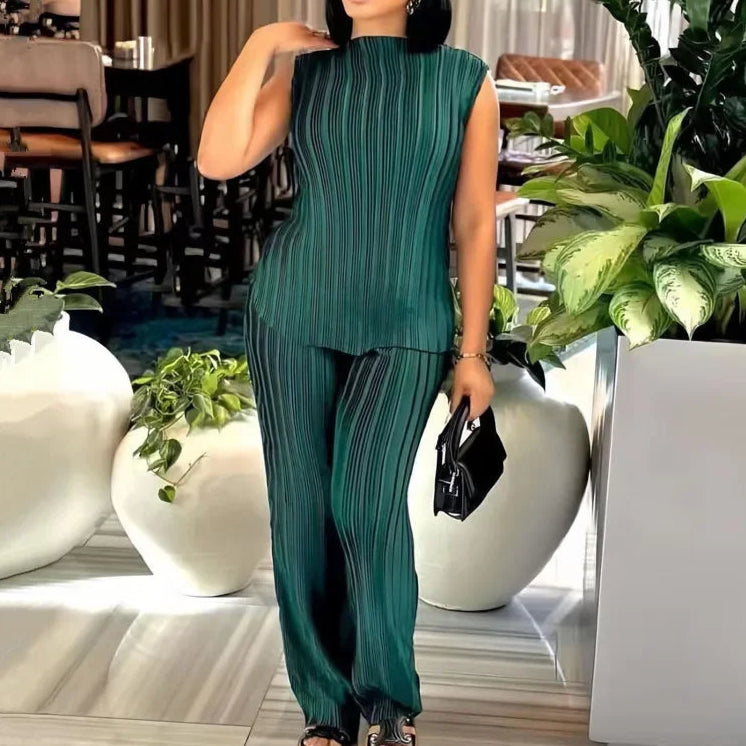 2 Piece Sets Sleeveless Pleated Elegant Bodycon Top and Wide Leg Pants Sets