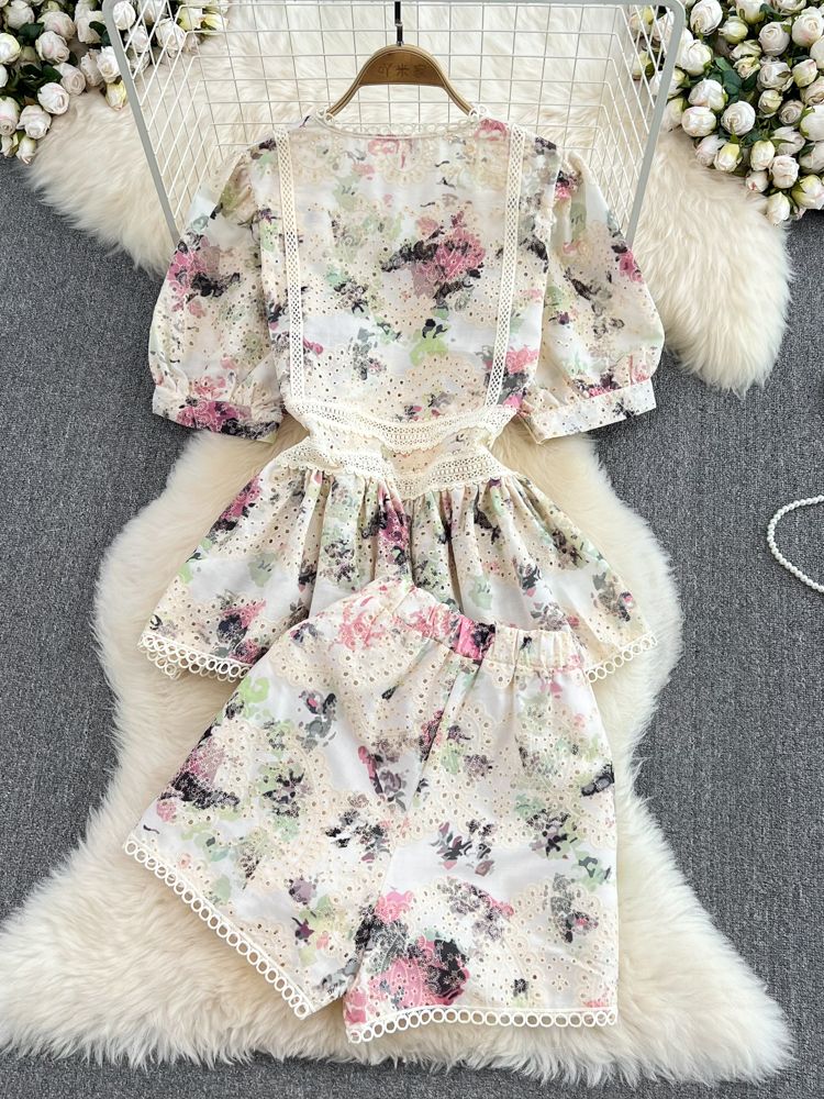 Flower Embroidery Lace Shorts Set Elegant Lantern Sleeve Shirt+Wide Leg Shorts High Quality