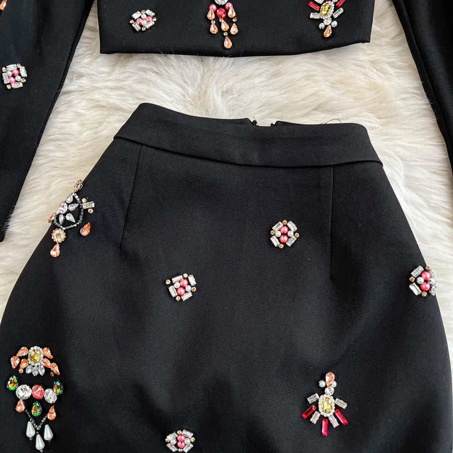 Luxury Style Two Piece Set For Women O Neck Long Sleeve Topa High Waist Skinny A Line Skirt Set Female